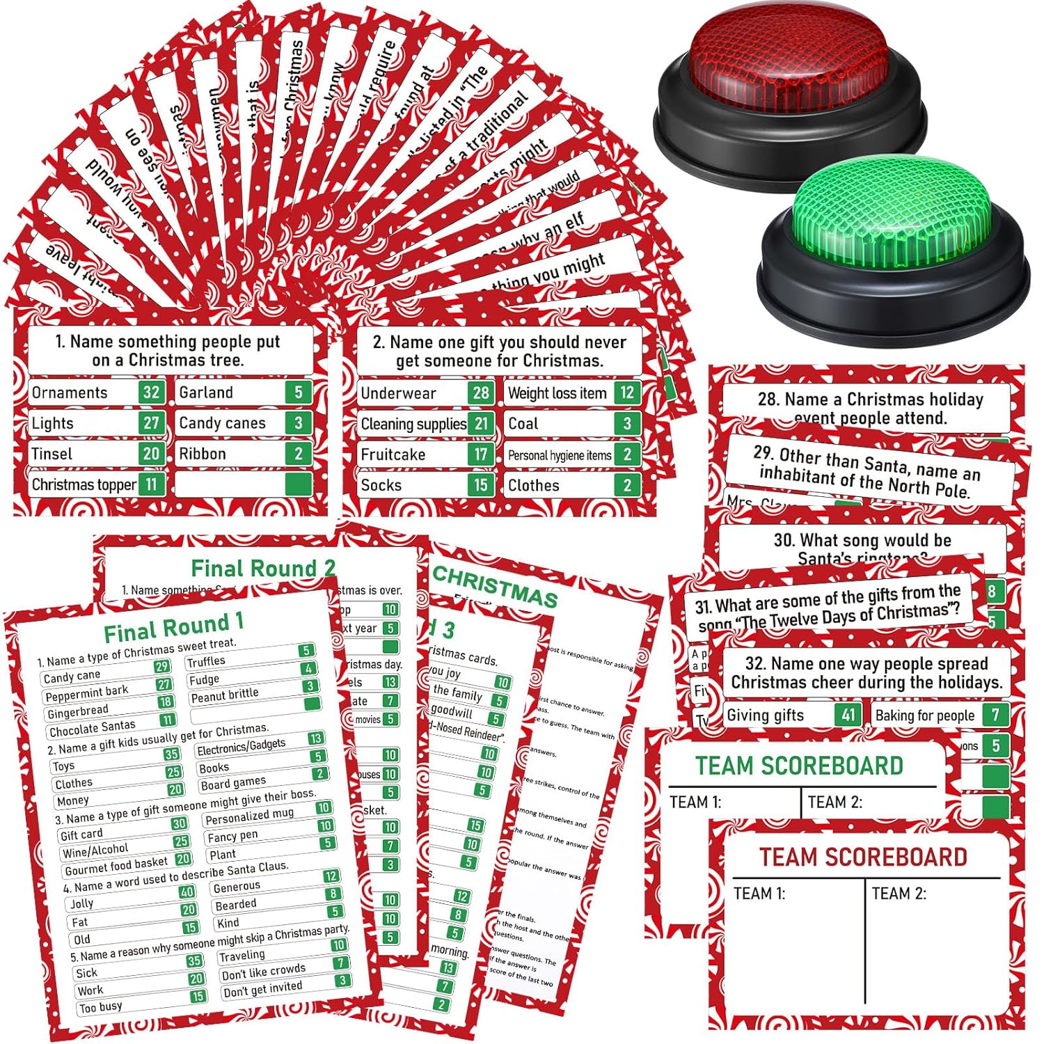 50 Pcs Christmas Friendly Feud Game With Answer Buzzer Christmas Feud Party Game Fun Family Trivia Quiz Night For Holiday Xmas Party Office Adult Groups