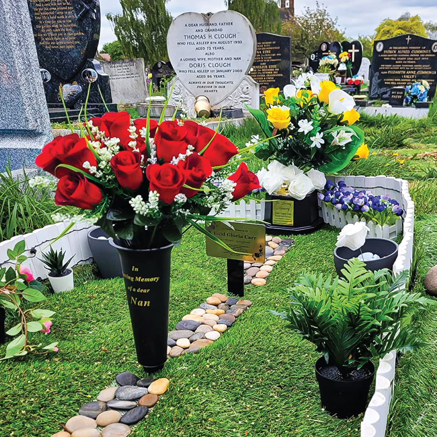 16" Artificial Silk Red Rose Bush With Gyp & Foliage 24 Flower Heads- Wedding Grave Home Decoration (1, Red With Gyp)
