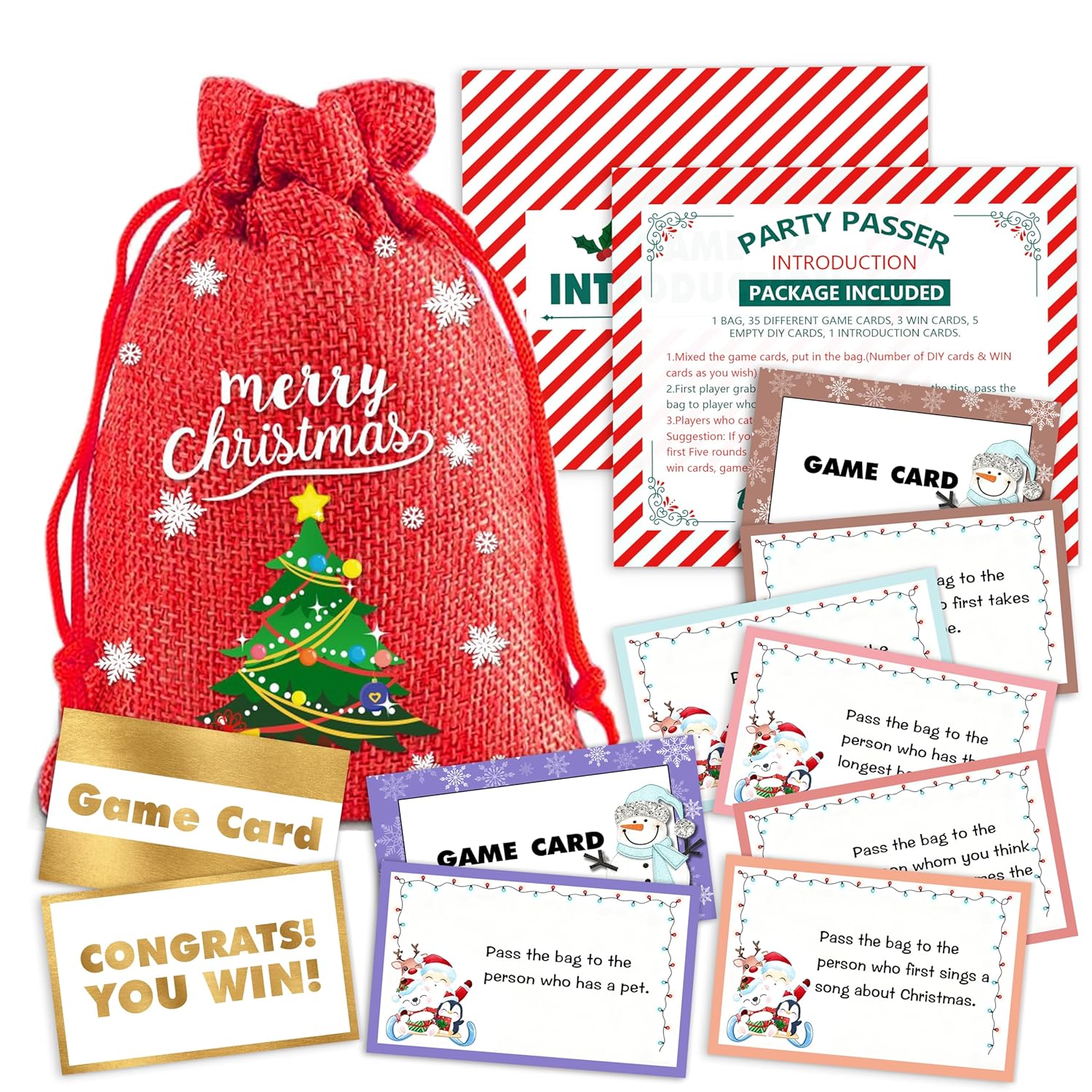 Christmas Passing Game Set, Christmas Games For Families, Funny Xmas Party Game Cards With A Passing Bag For Family Friends, Family Games Night,Team Ice Breaker Games - 04