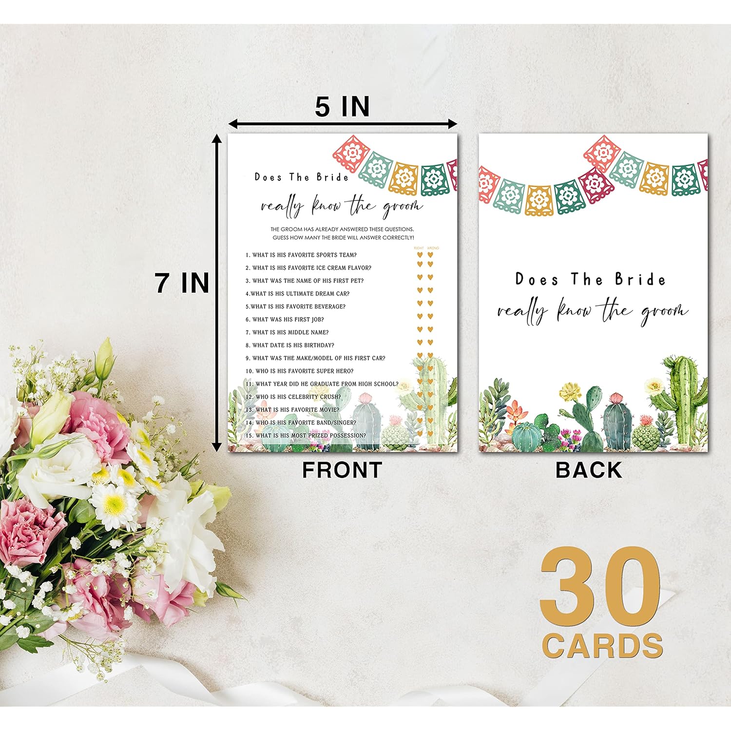 Bridal Shower Games, Fiesta Mexican Bridal Shower Decorations, Bride Know The Groom Cards For Bridal Shower Bachelorette Party, Wedding Engagement Party, Set Of 30 Game Cards (A05)