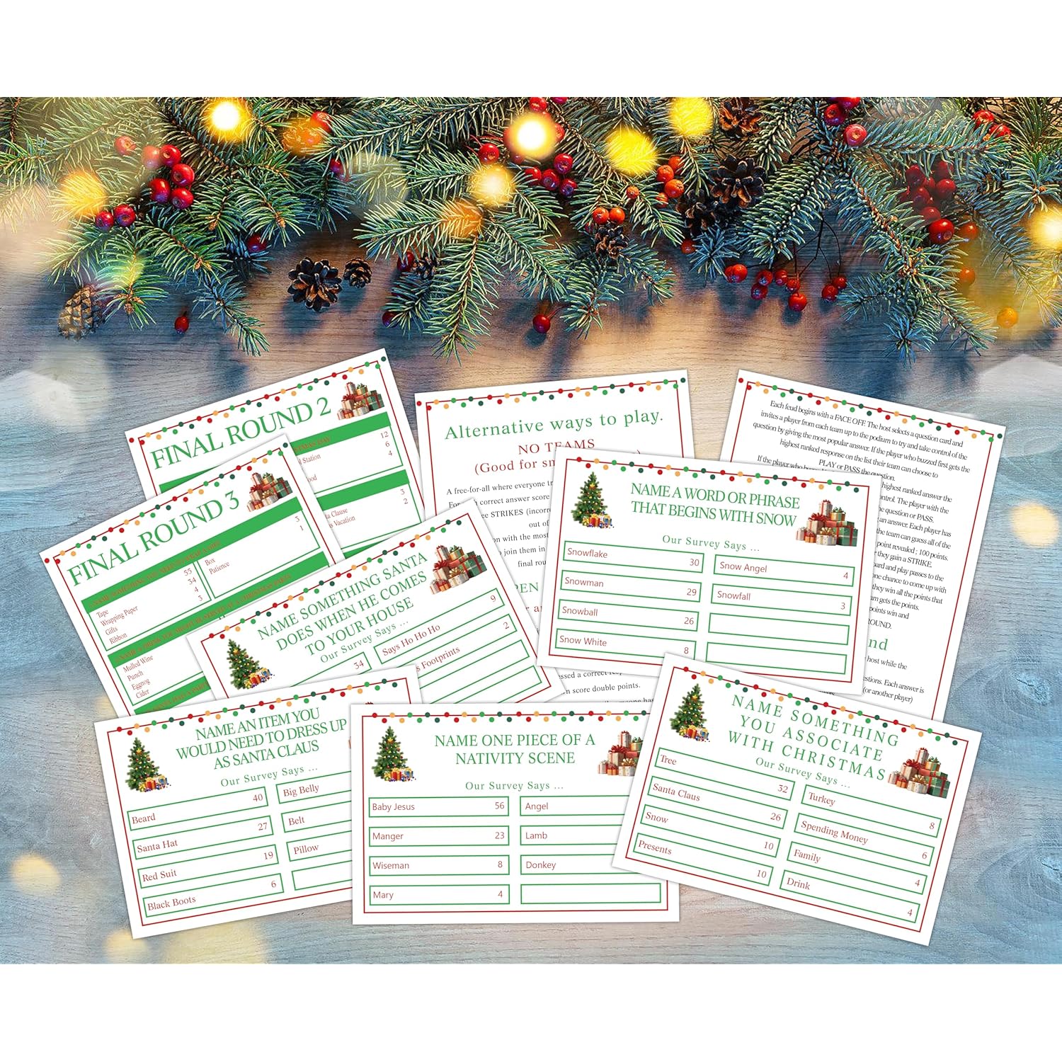 Christmas Friendly Family Feud Game, Feud Trivia Quiz, Baby Shower Game For Family Activity (12 Question Cards & 3 Final Round Cards) Christmas Games For Family Party Decorations Supplies-Sg6