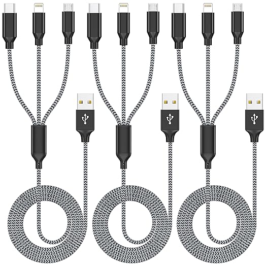 3 Pack 4FT 3 in 1 Multi Charging Cable Nylon Braided USB Charger Cord for Lightning USB C Micro USB