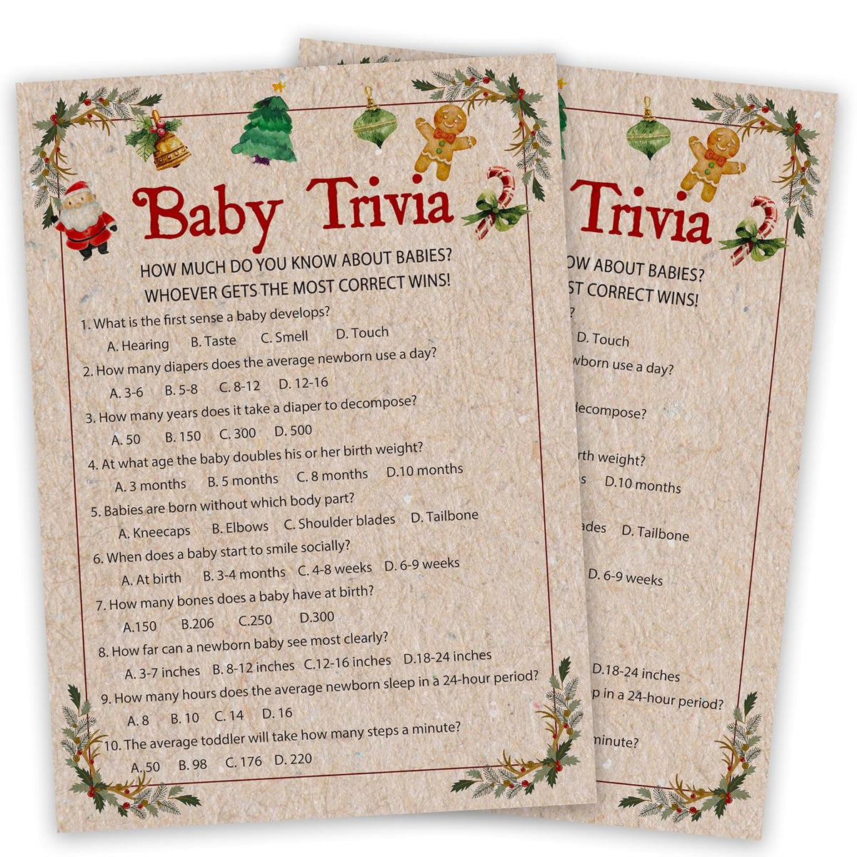 Baby Shower Game, Christmas Gender Reveal Party Supplies, Christmas Baby Trivia Game Kit, Santa Baby Shower Activity Decor, Xmas Baby Shower Gifts Favors, 25 Winter Game Cards With Answer Card -05
