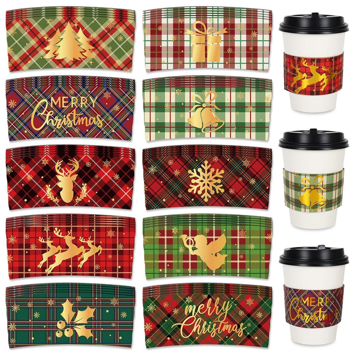 60Pcs Christmas Coffee Tea Cup Sleeves 10 Designs Buffalo Plaid Merry Christmas Jacket Sleeves For 12 And 16Oz Disposable Paper Cup For Xmas Hot Chocolate Cocoa Cold Beverage