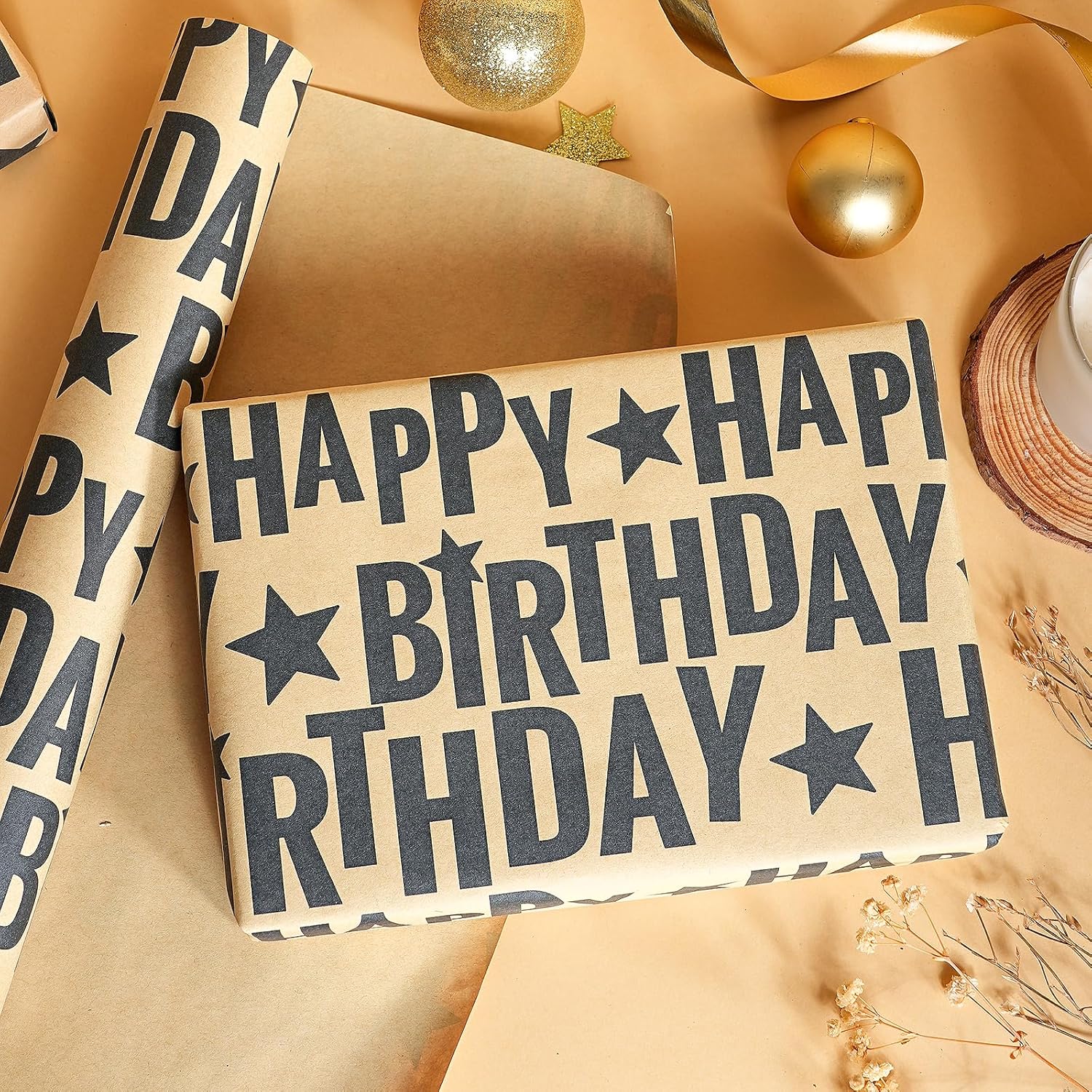 Birthday Wrapping Paper Roll, Mini Roll, Black Bold Happy Birthday Text With Star Design Kraft Gift Wrap Paper For Men, Women, Teens And Minimalist Party, 17 Inches X 16.4 Feet