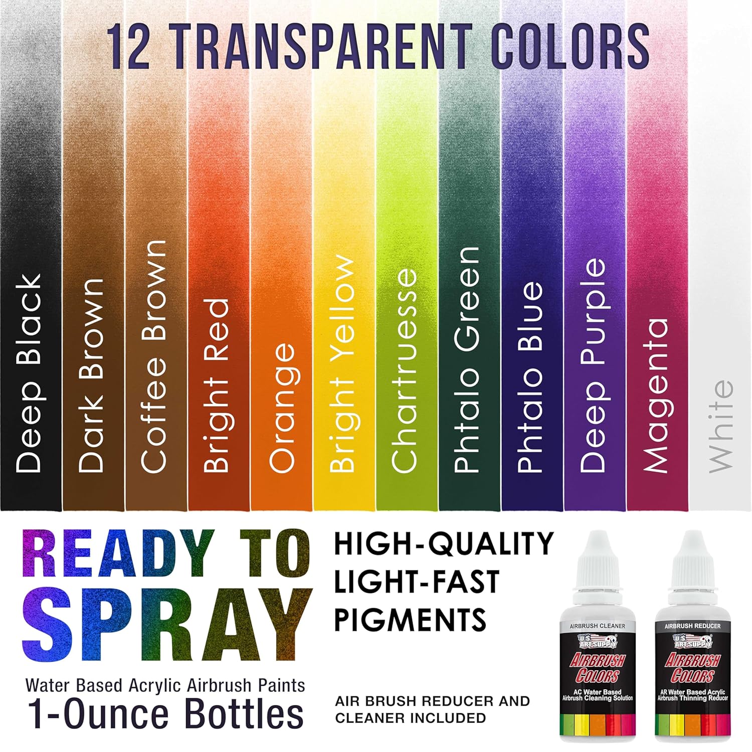 Airbrush Paint Set - 12 Color Transparent With Reducer & Cleaner, Ready To Spray Air Brush Paint, 1-Ounce Water-Based Acrylic For Painting Metal, Plastic Models, Canvas, Wood