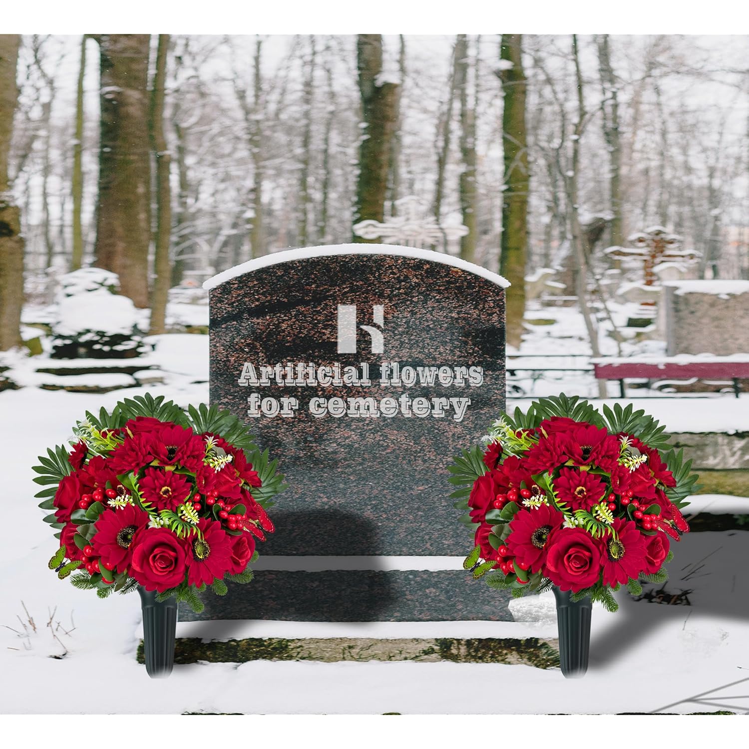 Ariticial Cemetery Headstone Flower -Outdoor Grave Decorations,Mixed Bouquet Of Artificial Silk Rose And Gerbera Daisies Christmas Red Berry For Tombstones (Vase Included)