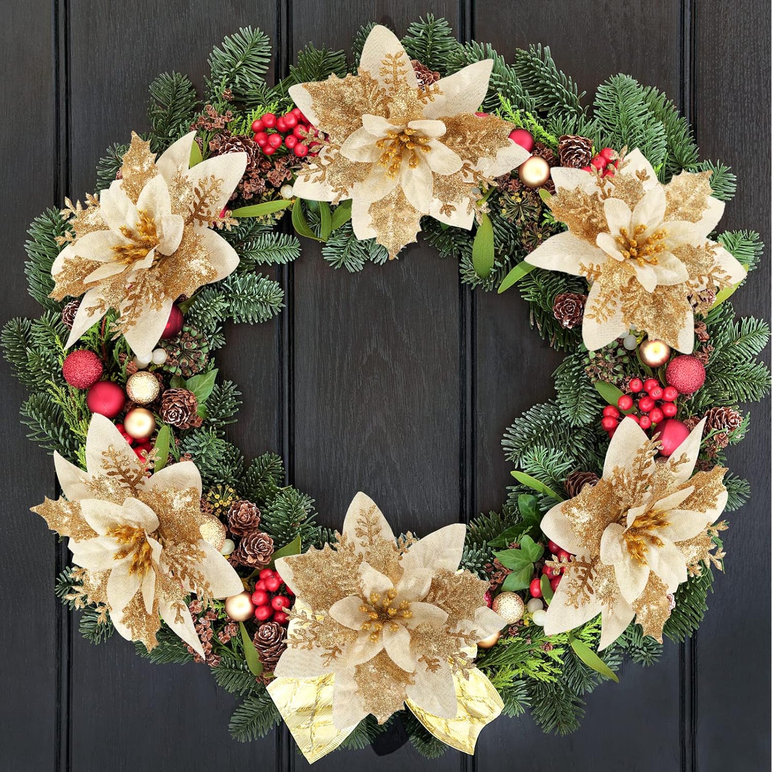 Poinsettia Christmas Decorations Flowers - 12Pcs Artificial Red Gold Poinsettia Christmas Tree Ornaments Glittery For Xmas New Year Wedding Party Wreath Diy Garland Decor (Gold)
