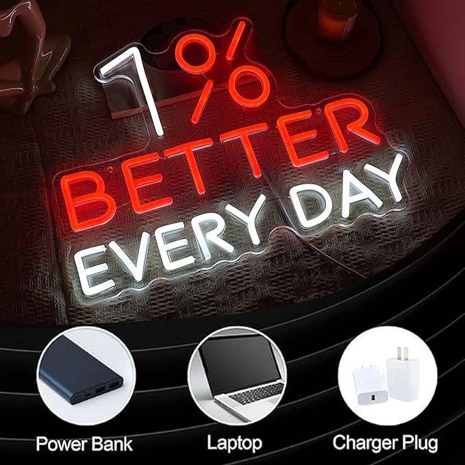1% Better Every Day Neon Sign Red LED Wall Light USB Dimmable Motivational Decor for Office Gym