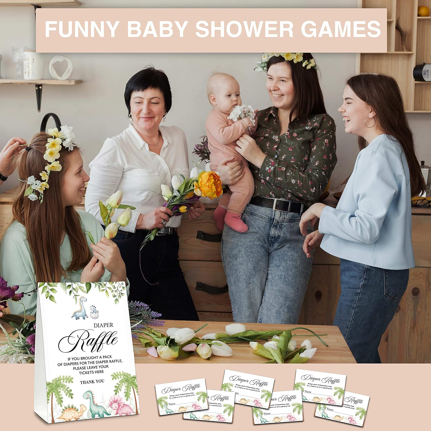 Diaper Raffle Party Games, Dinosaur Baby Shower Game, Greenery Themed Baby Gender Reveal Party Supplies & Activities -1 Double Sided Standing Sign + 50 Guessing Cards (A06)