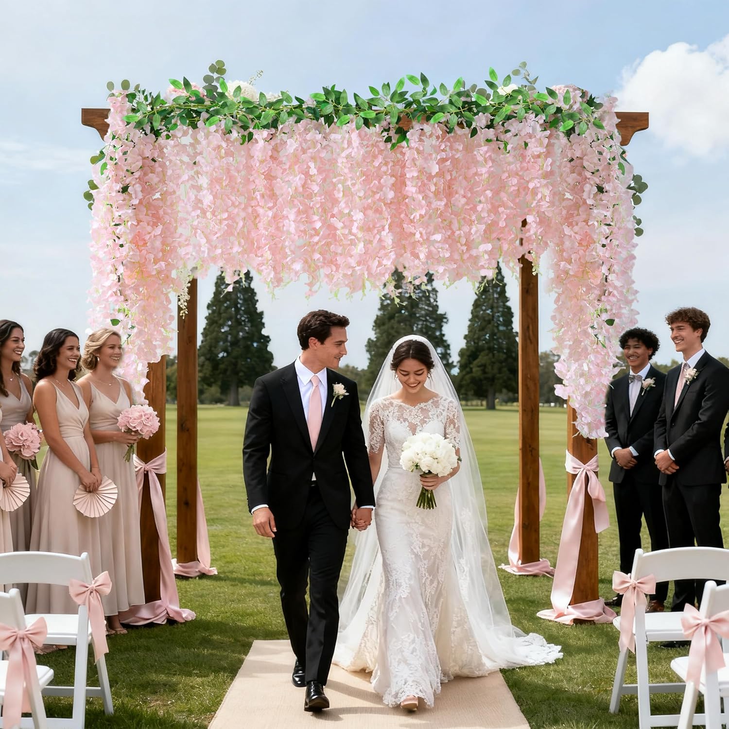60 Branches Wisteria Hanging Flowers, 4Pcs Wisteria Artificial Flowers Garland, Artificial Wisteria Vine Silk Hanging Flower For Home Garden Outdoor Ceremony Wedding Arch Floral Decor (Pink)