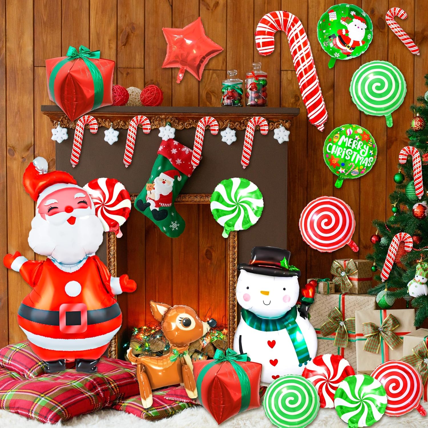 40Pcs Christmas Foil Balloons,Large Sugarcane Sugar Vortex Balloon,Candy Cane Mylar Balloons,Santa Snowman Christmas Reindeer,Christmas Decorations For Candies Theme Party,Xmas With Ribbon & Glue