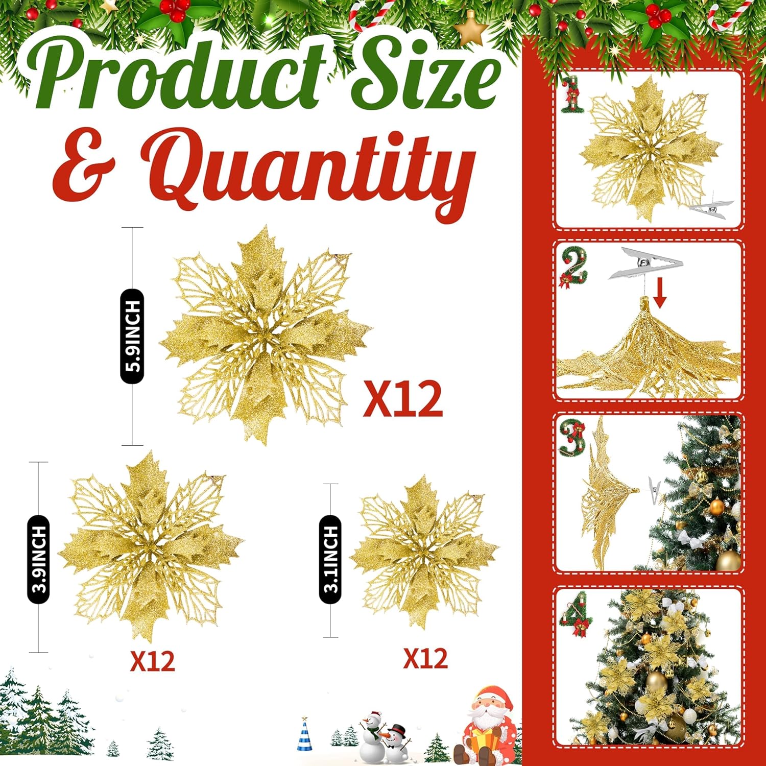 36 Pcs Christmas Glitter Poinsettia Flowers Artificial Flower Ornaments Fake Flower Christmas Tree Decorations Glitzy Poinsettia With Clips For Diy Xmas Wreaths Holiday Home Party Decor (Gold)