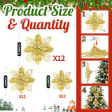 36 Pcs Christmas Glitter Poinsettia Flowers Artificial Flower Ornaments Fake Flower Christmas Tree Decorations Glitzy Poinsettia With Clips For Diy Xmas Wreaths Holiday Home Party Decor (Gold)