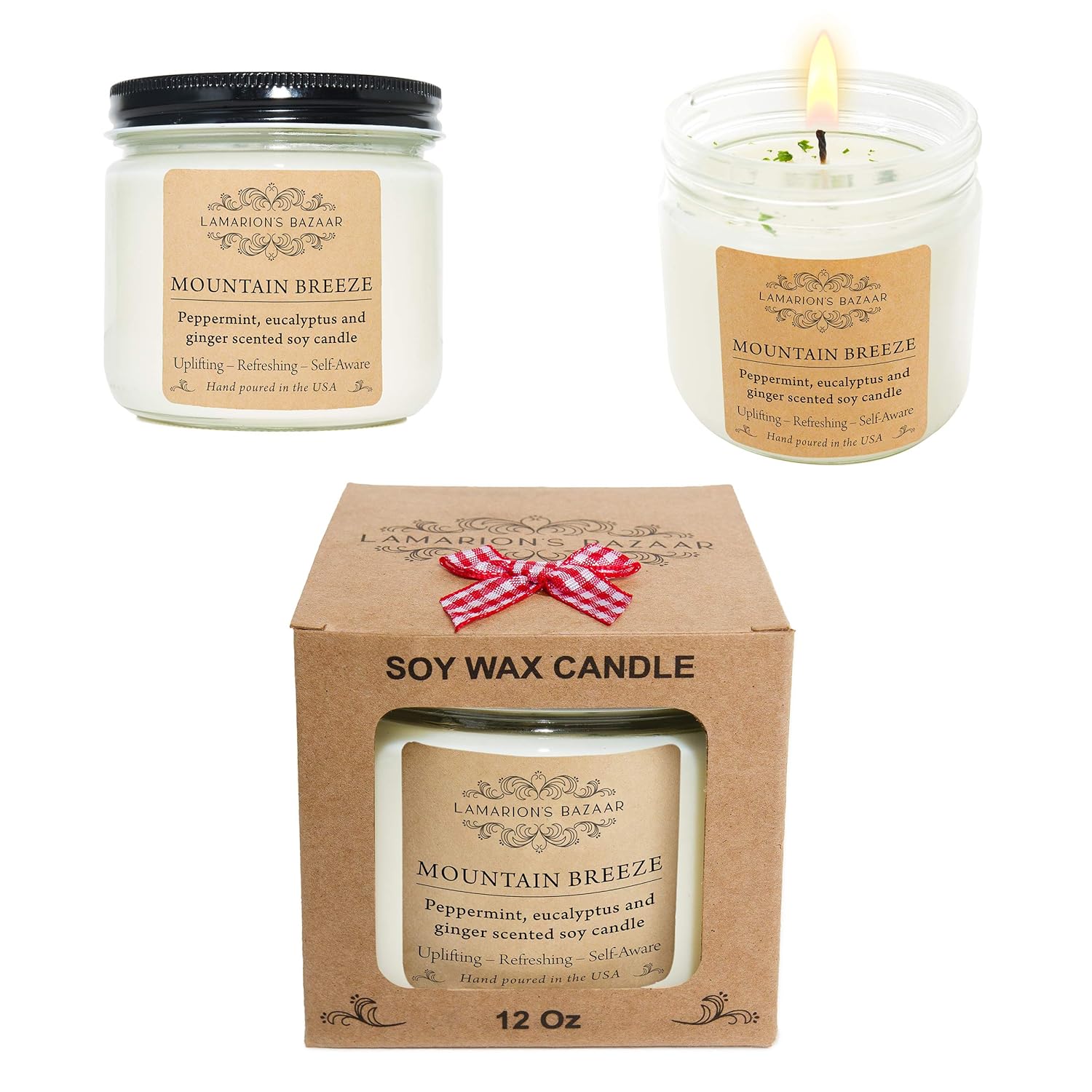 Mountain Breeze - Peppermint, Eucalyptus And Ginger Spice Candle Decorated With Dry Eucalyptus - Large Soy Candle In A Kraft Box