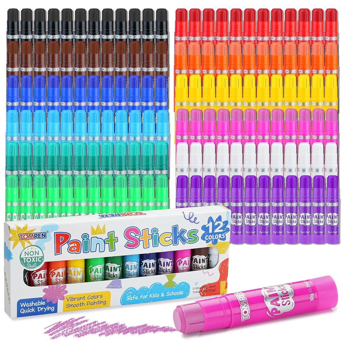 Tempera Paint Sticks For Kids & Artists,144 Pack 12 Vibrant Color,Non-Toxic,Quick Drying,Classic Rainbow Colors,Washable Solid Paint Crayons,Ideal For School Classroom Art Projects & Diy Crafts