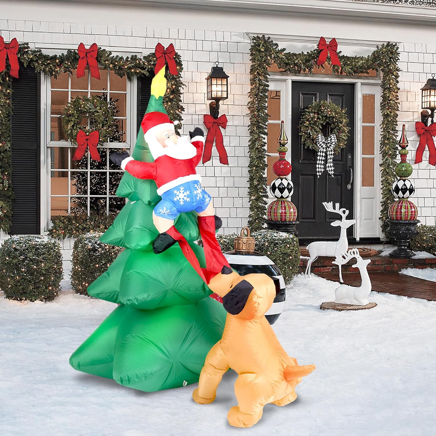 6.5Ft H Christmas Inflatable Tree With Build-In Led Lights, Funny Inflatable Dog Chasing Santa Claus,Blow Up Christmas O