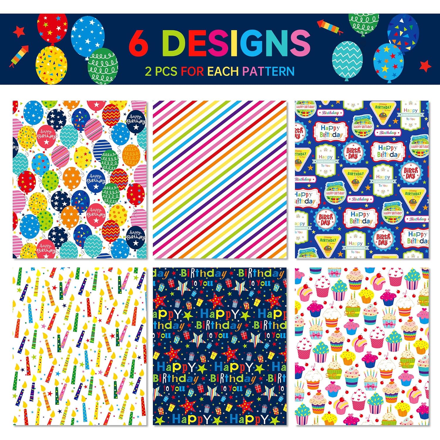 12 Sheets Happy Birthday Gift Wrapping Paper 6 Design With “Happy Birthday” Candles, Balloons, Colorful Stripes Pattern Pad For Boys, Girls, Women, Men, Ideal Gift Wrap For Holiday Parties 20'' X 27''