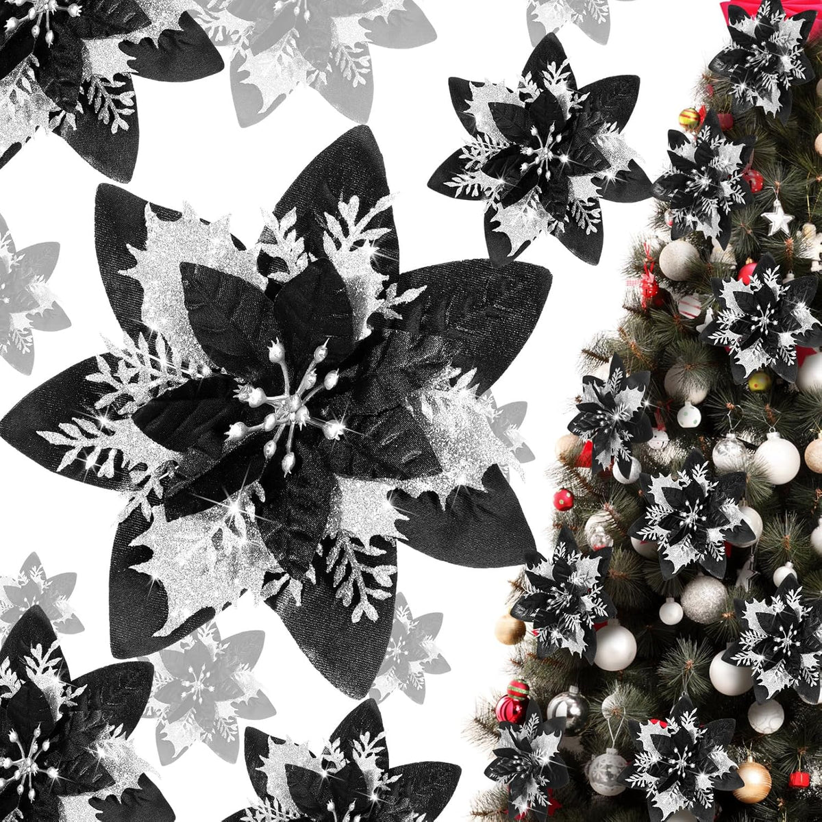 36 Pieces Glitter Christmas Poinsettia Artificial Xmas Flower Ornaments Flowers Decorations With Clips And Stem Glitter Poinsettia Christmas Tree Ornaments For Xmas Wedding (Black And Silver)
