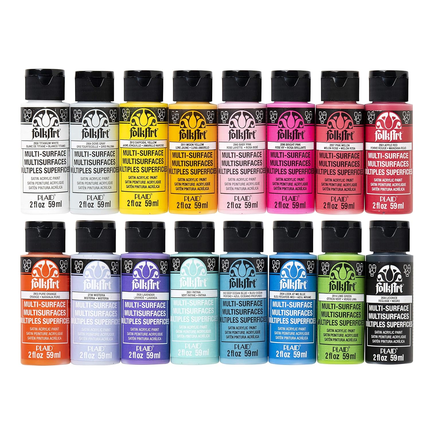 FolkArt 16 Piece Multi Surface Acrylic Craft Paint Set Formulated to be Non-Toxic that is Perfect for Beginners and Artists, Bright Colors Count, 2 Fl Oz (Pack of 16)