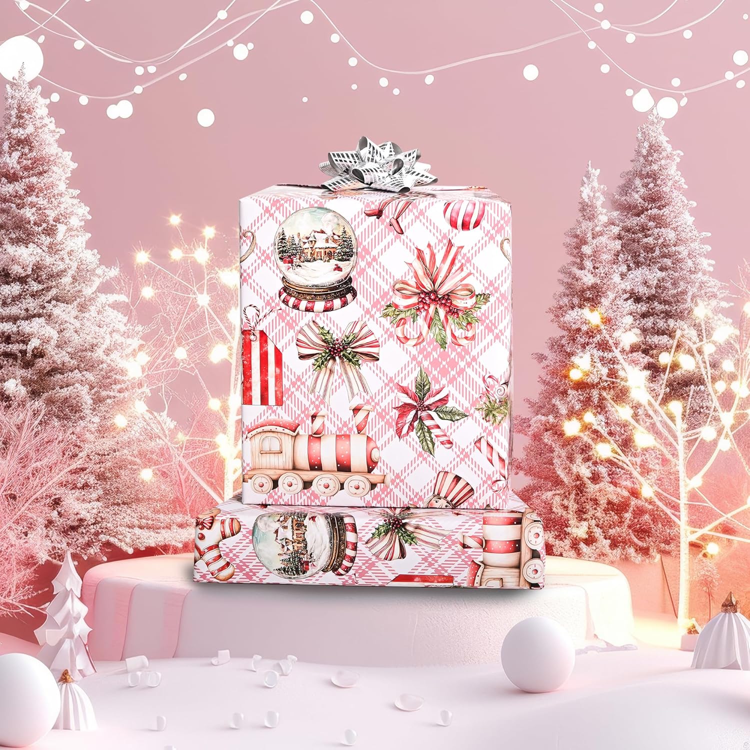 Candy Cane Christmas Wrapping Paper Roll For Kids Girls Women - Red Plaid Bow Design Gift Wrap For Holiday Total 28.5Sq.Ft