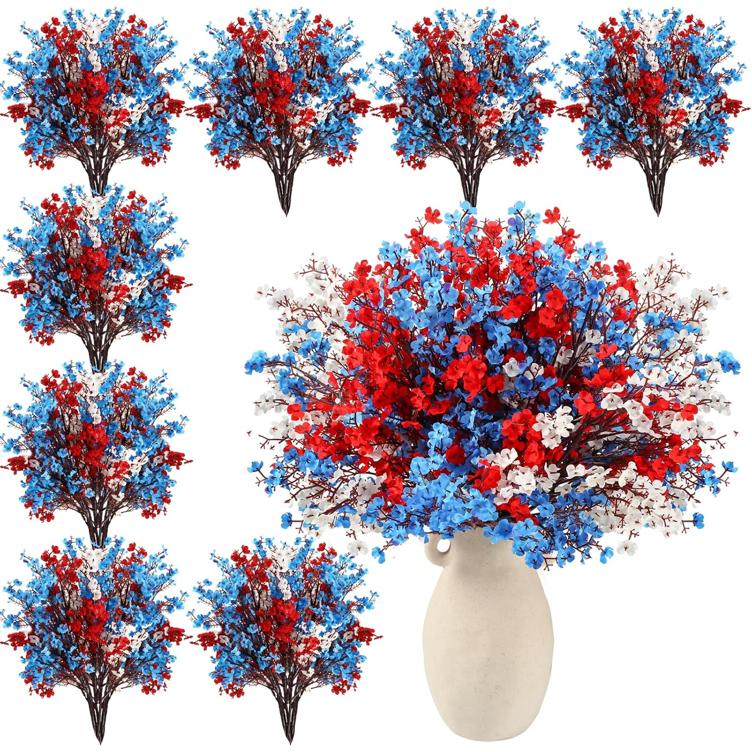 24 Pcs Red Blue White Artificial Flowers Patriotic Table Centerpieces Decoration Fake Babys Breath Picks Stems Floral Arrangement For 4Th Of July Veterans Independence Memorial Day Home Outdoor