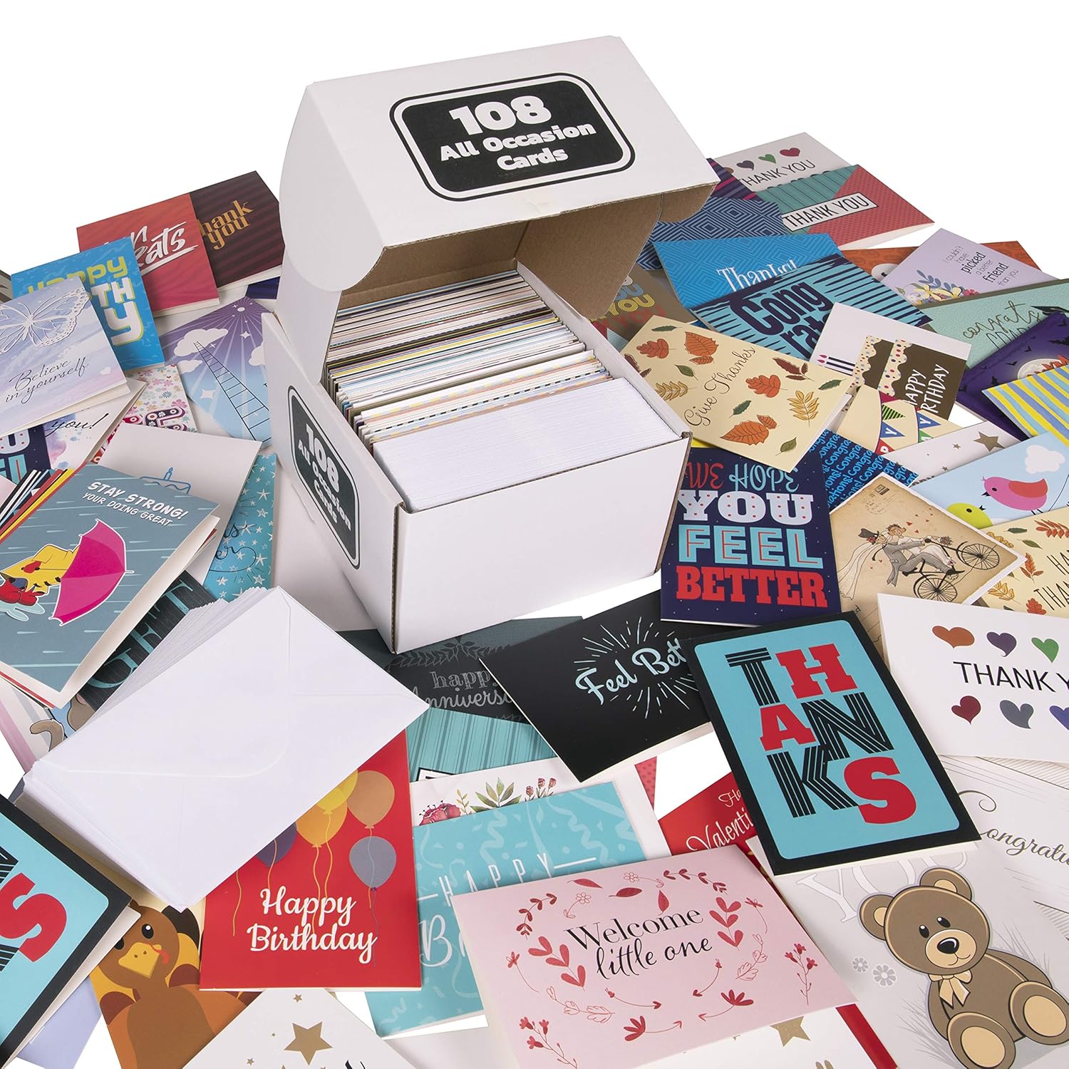 All Occasion Cards Assortment Box; 108 Blank Cards & Envelopes, Thank You Cards, Sympathy Cards, Birthday Card and Others