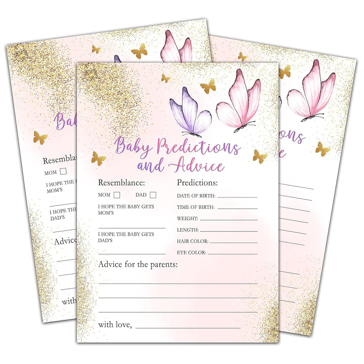 Butterfly Baby Shower Games For Girls, Gold Butterfly Baby Predictions And Advice Cards, Blush Pink Decorations, 5" X 7" Double-Sided Cards (30 Games)