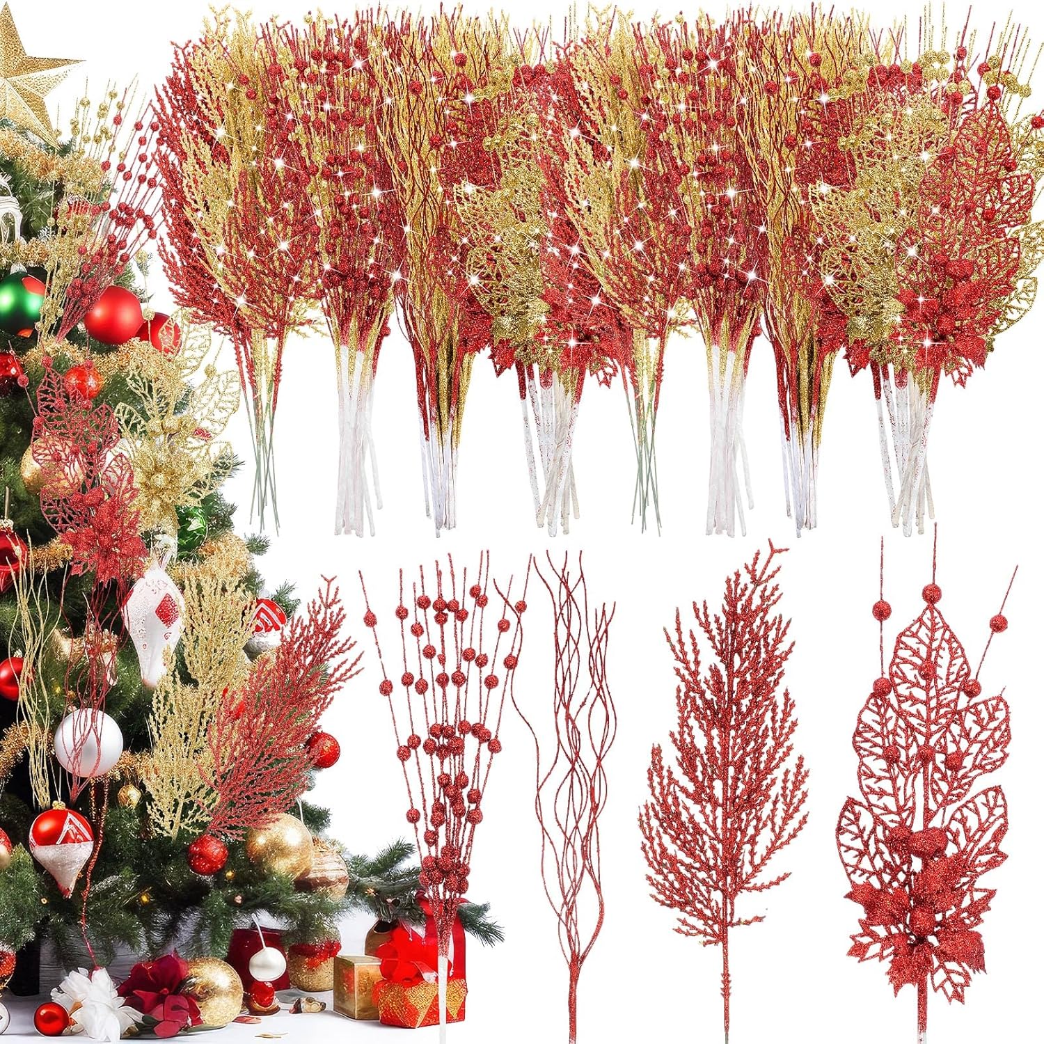 36 Pcs Christmas Glitter Berries Stems 15 Inch Xmas Artificial Pine Needles Floral Picks Sprays Glittery Curly Twigs Branches Ornaments For Xmas Tree Diy Crafts Wreath Vase Filler(Red Gold)