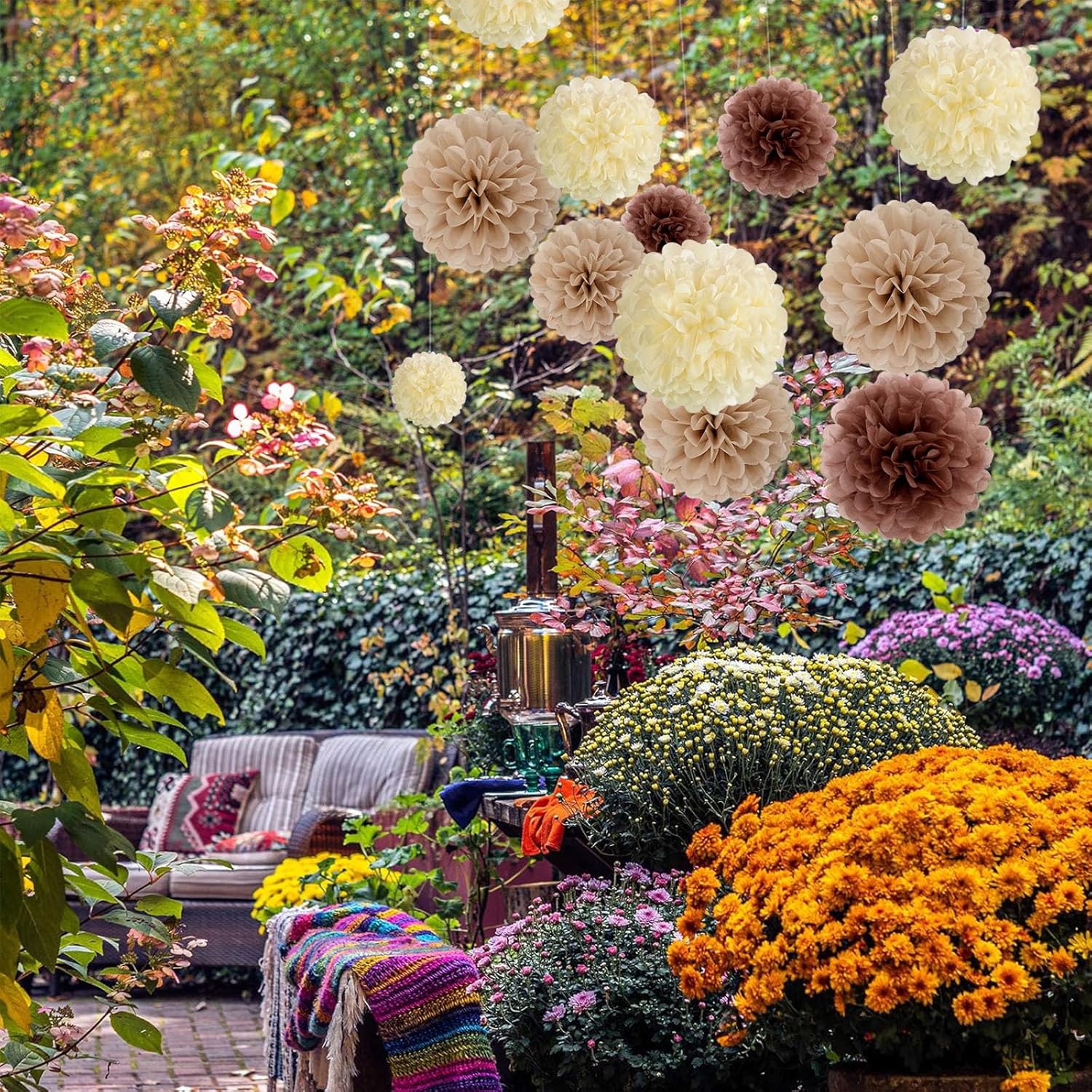 20 Pcs Brown Tissue Paper Pom Poms, Tissue Pom Poms Flowers, Sizes Of 6", 10", 12", 14" Hanging Paper Flower Ball For Wedding, Birthday, Halloween, Christmas, Baby Shower Party Decor