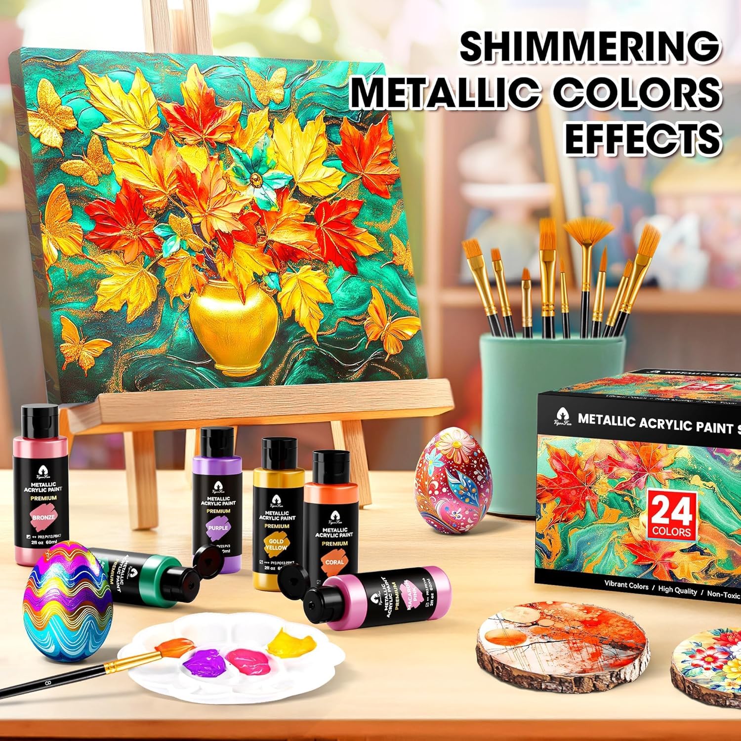 40 Pcs Metallic Acrylic Paint Set With 12 Brushes, 2 Knives & Palette, 24 Colors (2Oz/60Ml) - For Adults, Artists & Beginners - Canvas Ceramic Rock Wood Pumpkin Painting Kit