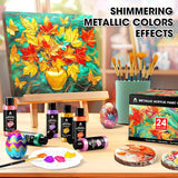 40 Pcs Metallic Acrylic Paint Set With 12 Brushes, 2 Knives & Palette, 24 Colors (2Oz/60Ml) - For Adults, Artists & Beginners - Canvas Ceramic Rock Wood Pumpkin Painting Kit