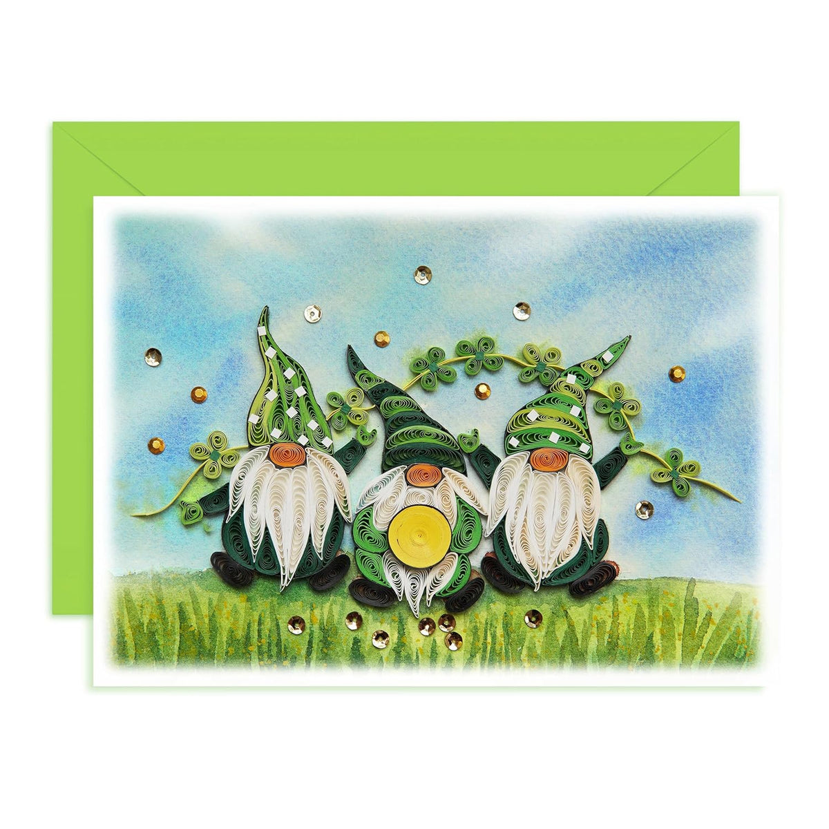 St Patrick Day'S Card, Gnomes Card, Seasonal Holiday Quilling Card, Artful Greeting Card, Clover St Patricks, Saint Patrick'S Quilled Cards For Family, Friend, Husband, Wife (Green Gnomes)