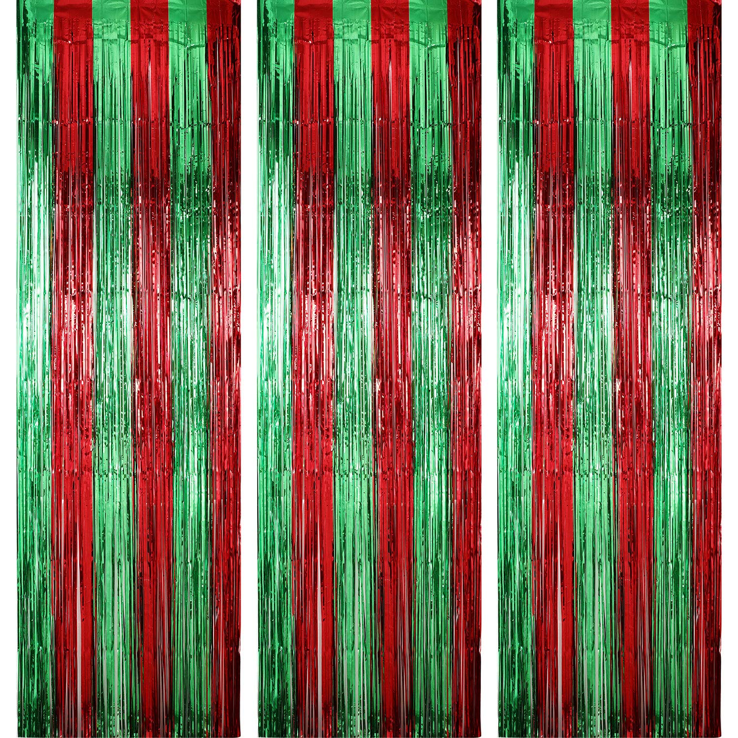 3 Pack Christmas Foil Fringe Curtains 3.28 x 8.2 ft, Red with Green