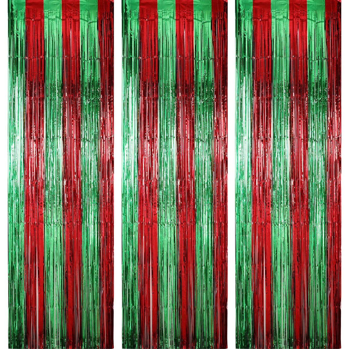 3 Pack Christmas Foil Fringe Curtains 3.28 x 8.2 ft, Red with Green