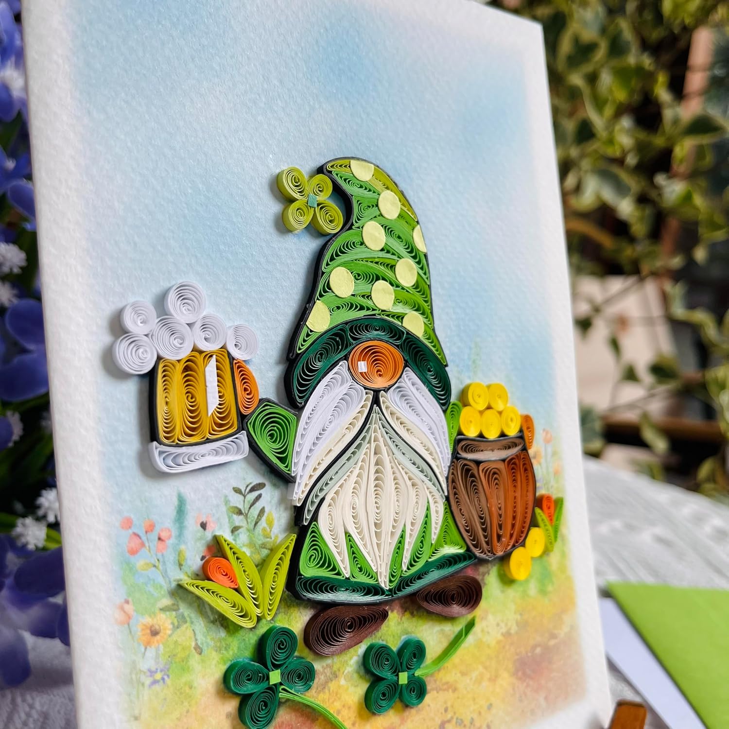 St. Patrick'S Day Card, Green Gnome Quilling Card, Artful Greeting Card, Handcrafted St Patrick Day Card, Vintage Saint Patrick'S Card For Family, Friend, Blank Inside With Envelop