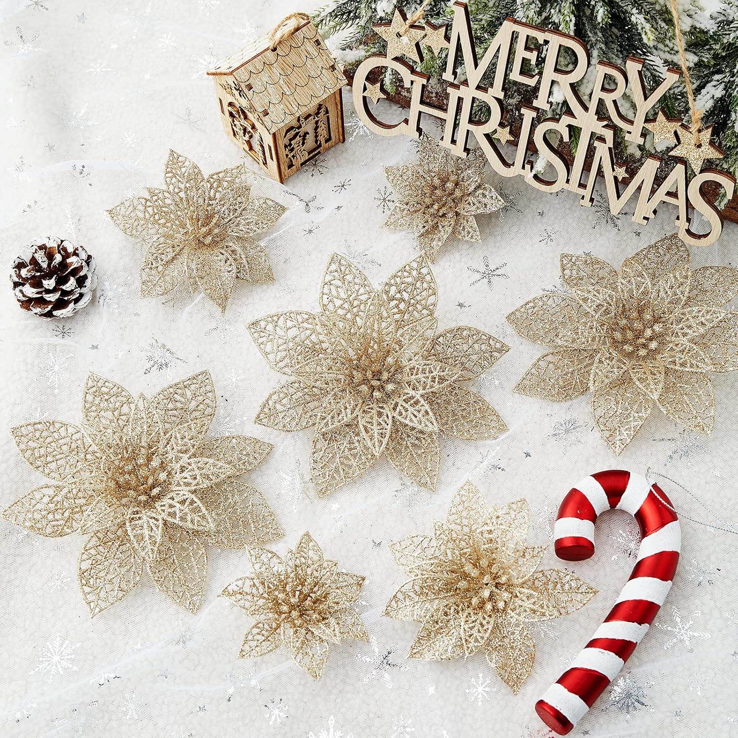 24 Pieces Glitter Poinsettia Flowers Christmas Tree Ornaments, Glitzy Poinsettia Bushes Christmas Decorations For Xmas/Holiday/Seasonal/Wedding (Champagne)