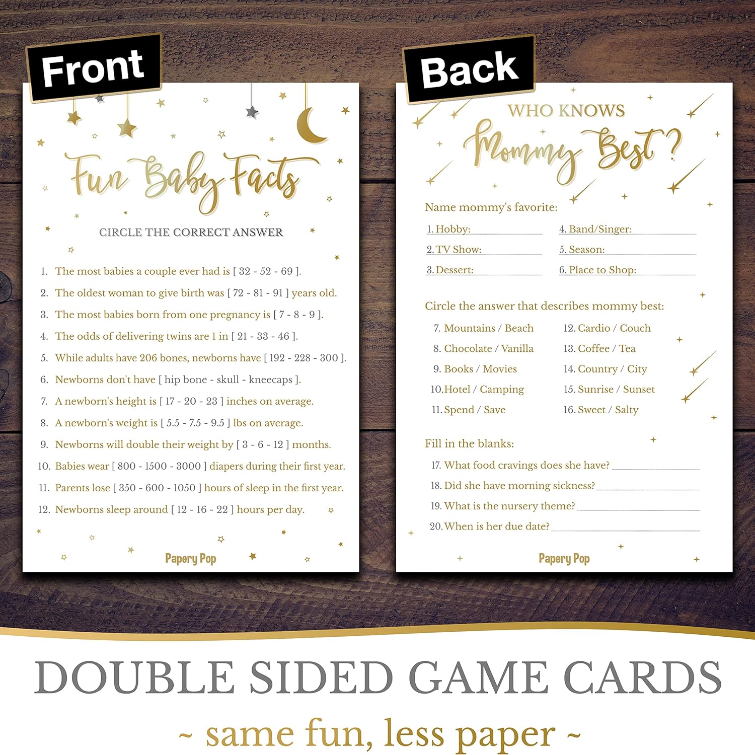 Baby Shower Games Or Gender Reveal Games - 5 Activities For 25 Guests - Double Sided - Gold Night Stars