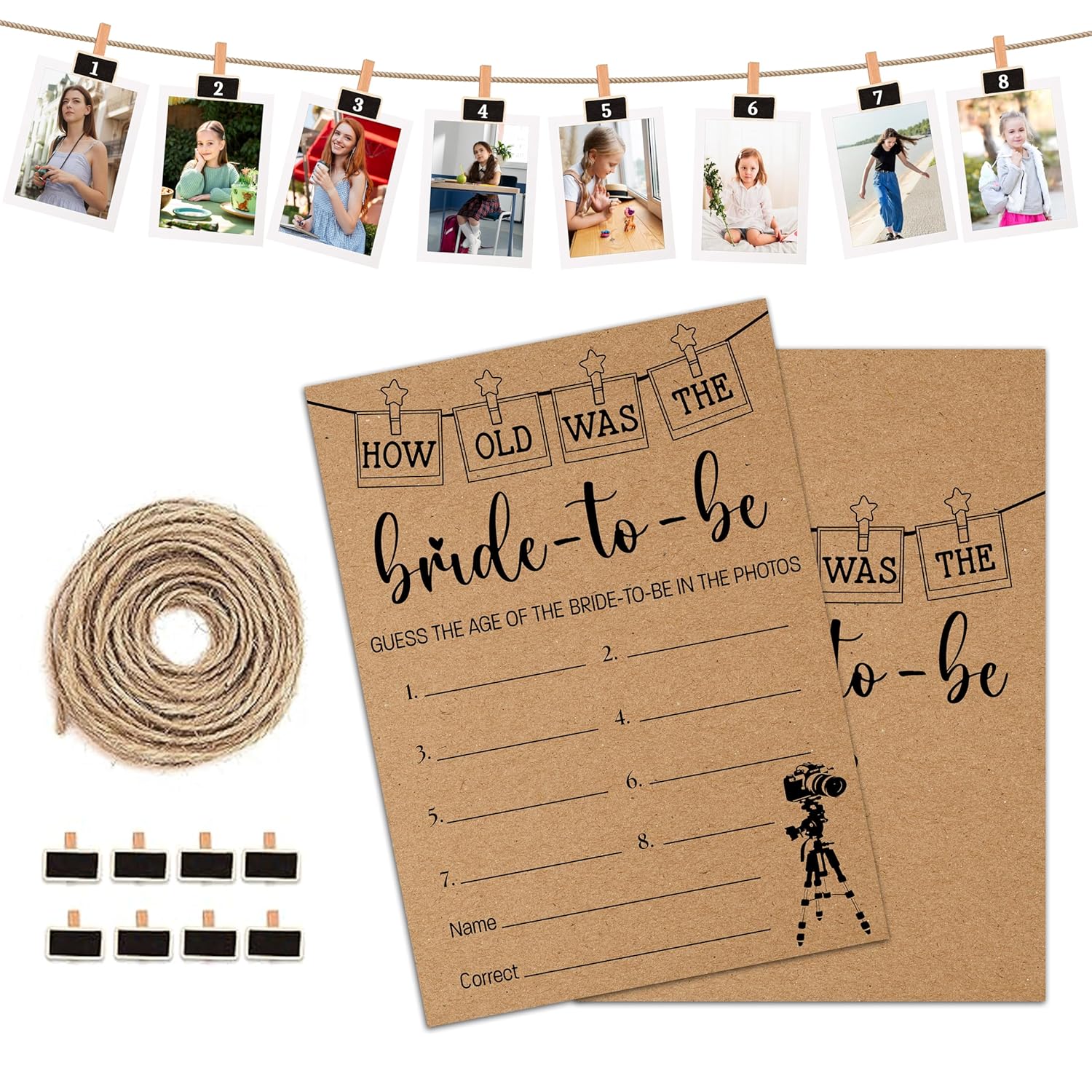 Bridal Shower Games, Minimalist Wedding Photo Games Card, Bridal Shower Bachelorette Engagement Party Ideas Supplies Decorations, How Old Was The Bride-To-Be Game Cards For Guest, 30 Pack -06