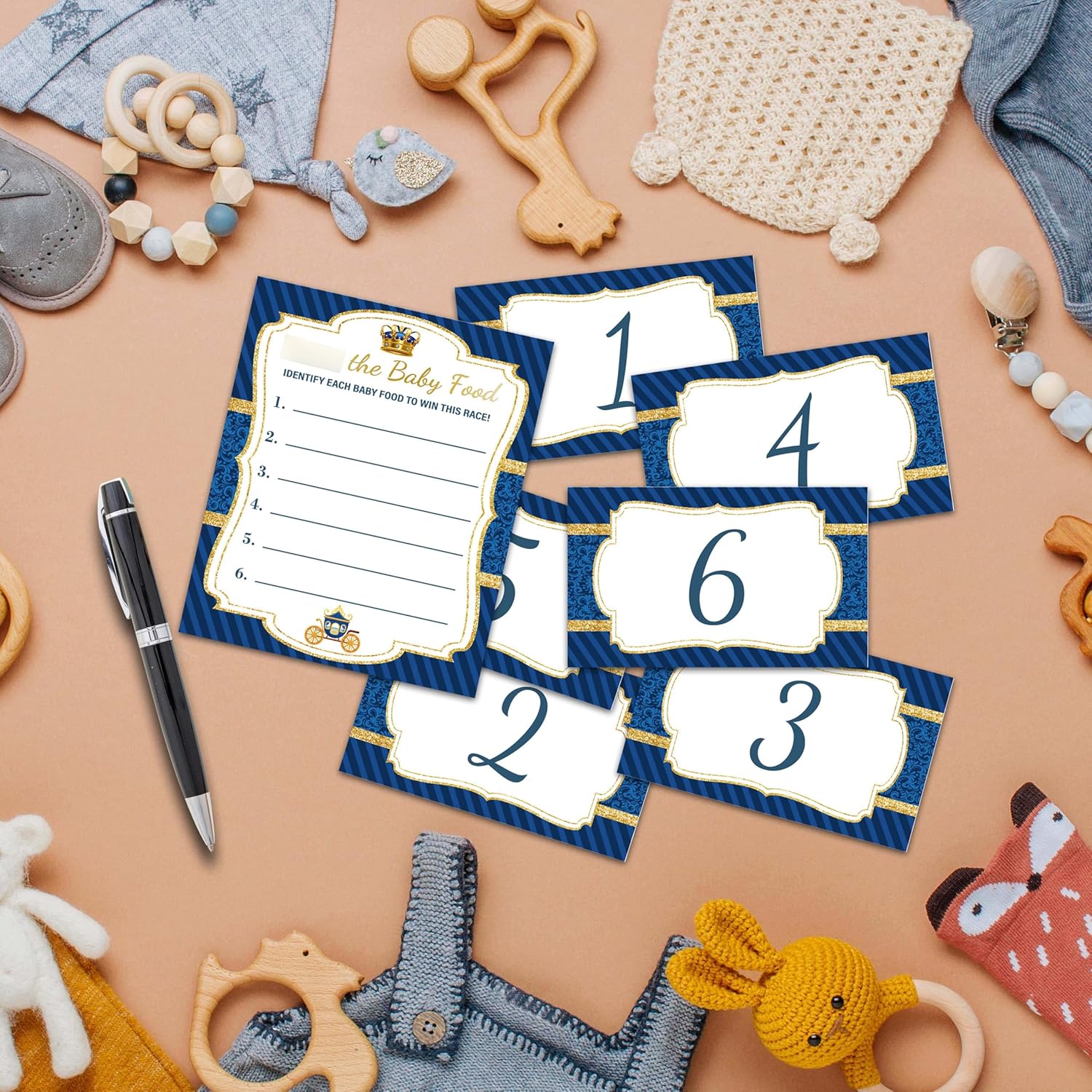 Find The Baby Food Party Games, Prince Baby Shower Game Set (1 Standing Sign + 20 Answer Cards + 6 Number Cards), Navy Blue And Gold Name The Baby Food Game, Baby Shower Favors Decorations(01)