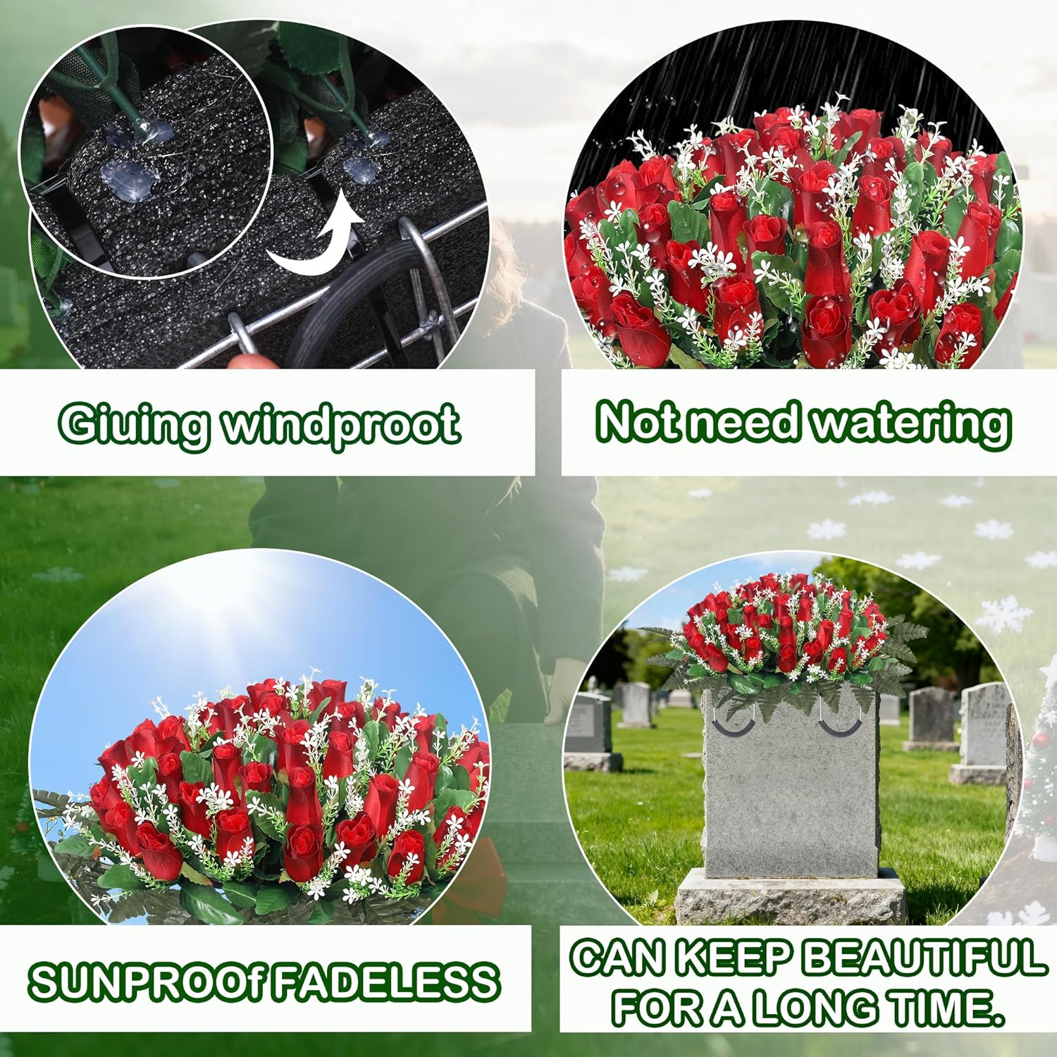 Artificial Cemetery Flowers For Grave,Headstone Flower Saddle For Grave Tombstone Decorations (Red)
