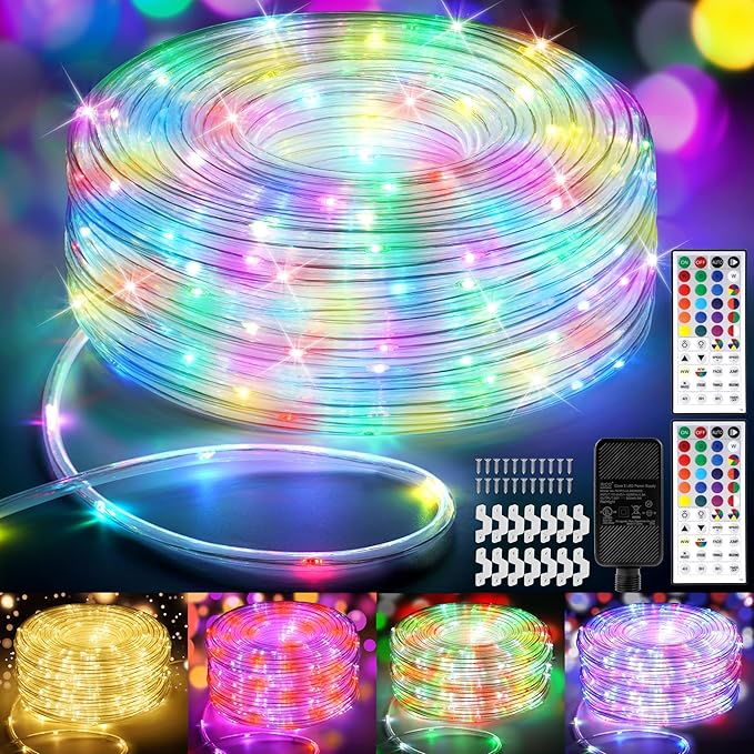 100FT Outdoor LED Rope Lights 300 LED Warm White and Color Changing Waterproof Plug In String Lights with Remote