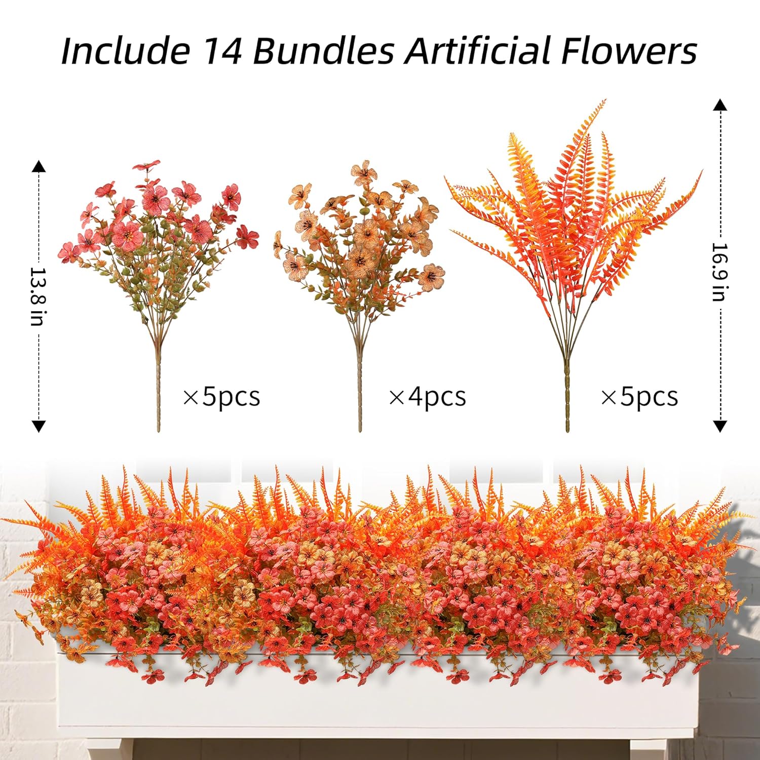 Artificial Fall Flowers Fake Mums Plants For Outdoors Decoration, 14 Bundles Faux Silk Daisy And Ferns Uv Resistant Autumn Fake Planter For Home Porch Patio Yard Window Box