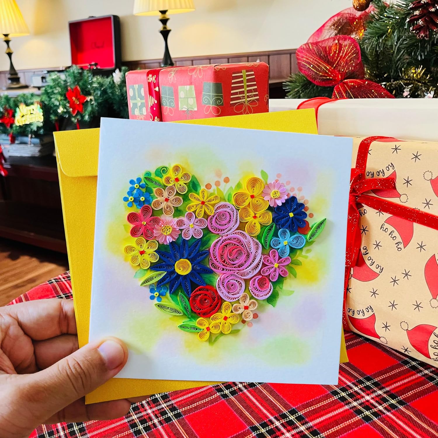 Quilling Cards, Handmade Card, Quilled Cards With Handmade Art Quilling Birthday Card For Women, Birthday Card, Mother... Colorful Heart Design (Flowers Heart 2)