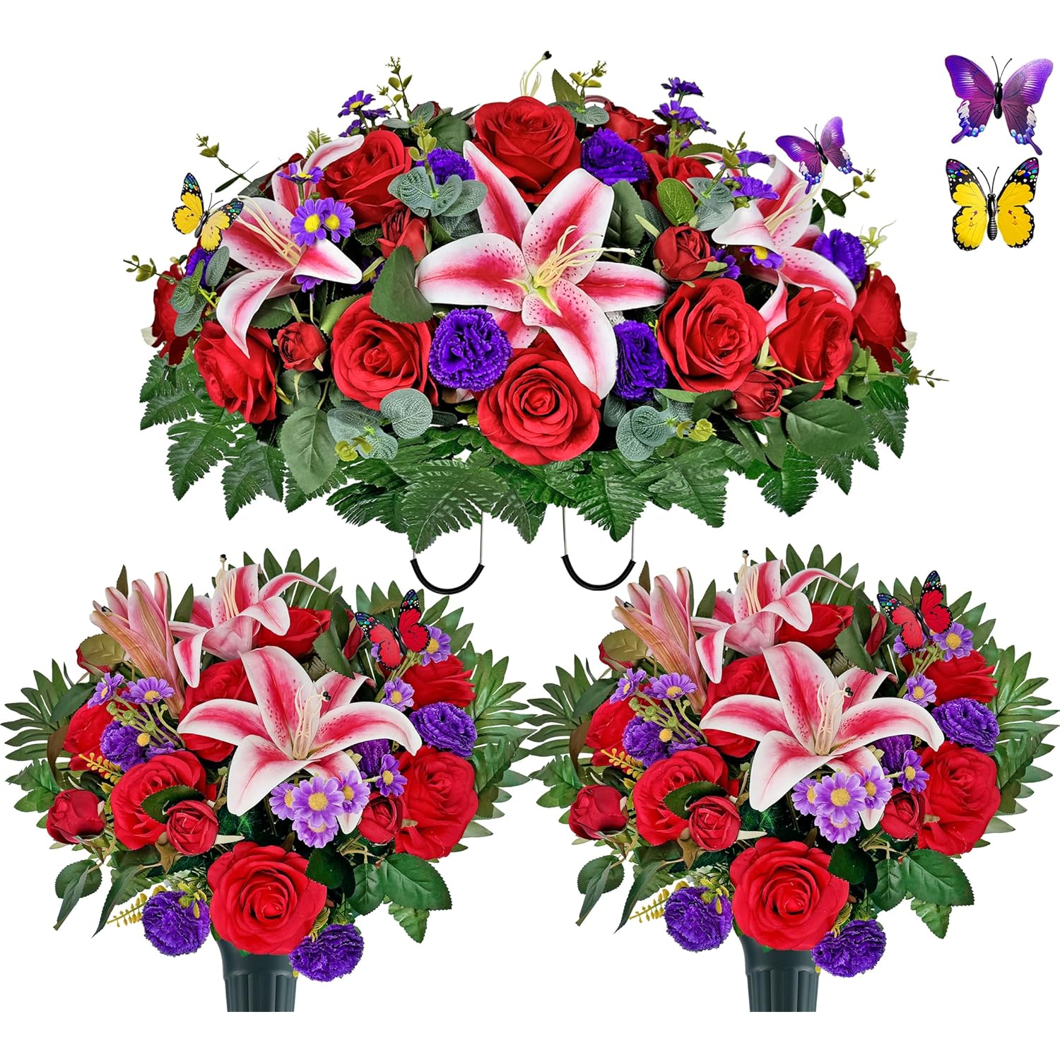 Artificial Cemetery Flower With Vases For Grave, 3Pc,Red Rose Headstone Flower Saddle (Vases Included)