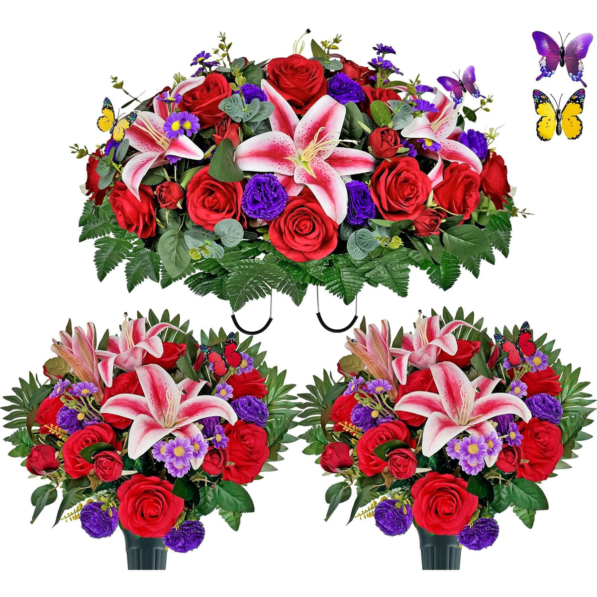 Artificial Cemetery Flower With Vases For Grave, 3Pc,Red Rose Headstone Flower Saddle (Vases Included)
