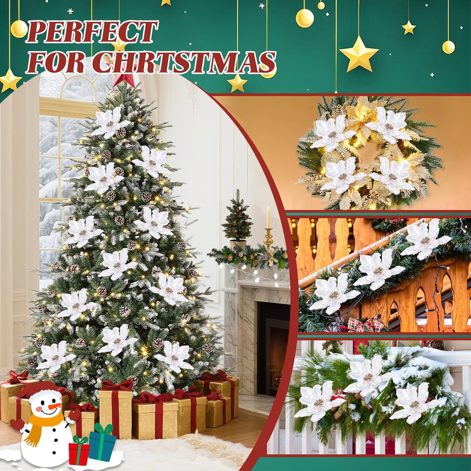 20 Pcs Glitter Christmas Flower, 6.3 In Large Velvet Artificial Magnolia Flowers With Stem, Christmas Tree Wreath Garland Xmas New Year Wedding Decoration, White
