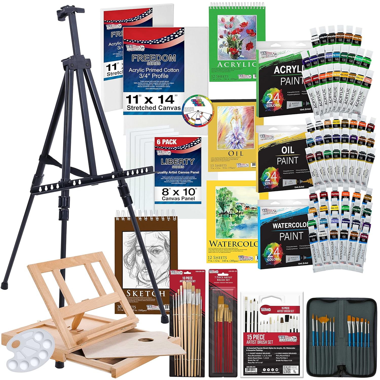 133-Piece Artist Painting Kit - Aluminum & Wood Easel, 24 Each (Acrylic, Oil, Watercolor Paints), 8 Canvases, 44 Brushes, 4 Paint & Sketch Pads - Painting Kits For Adults, Gift Set