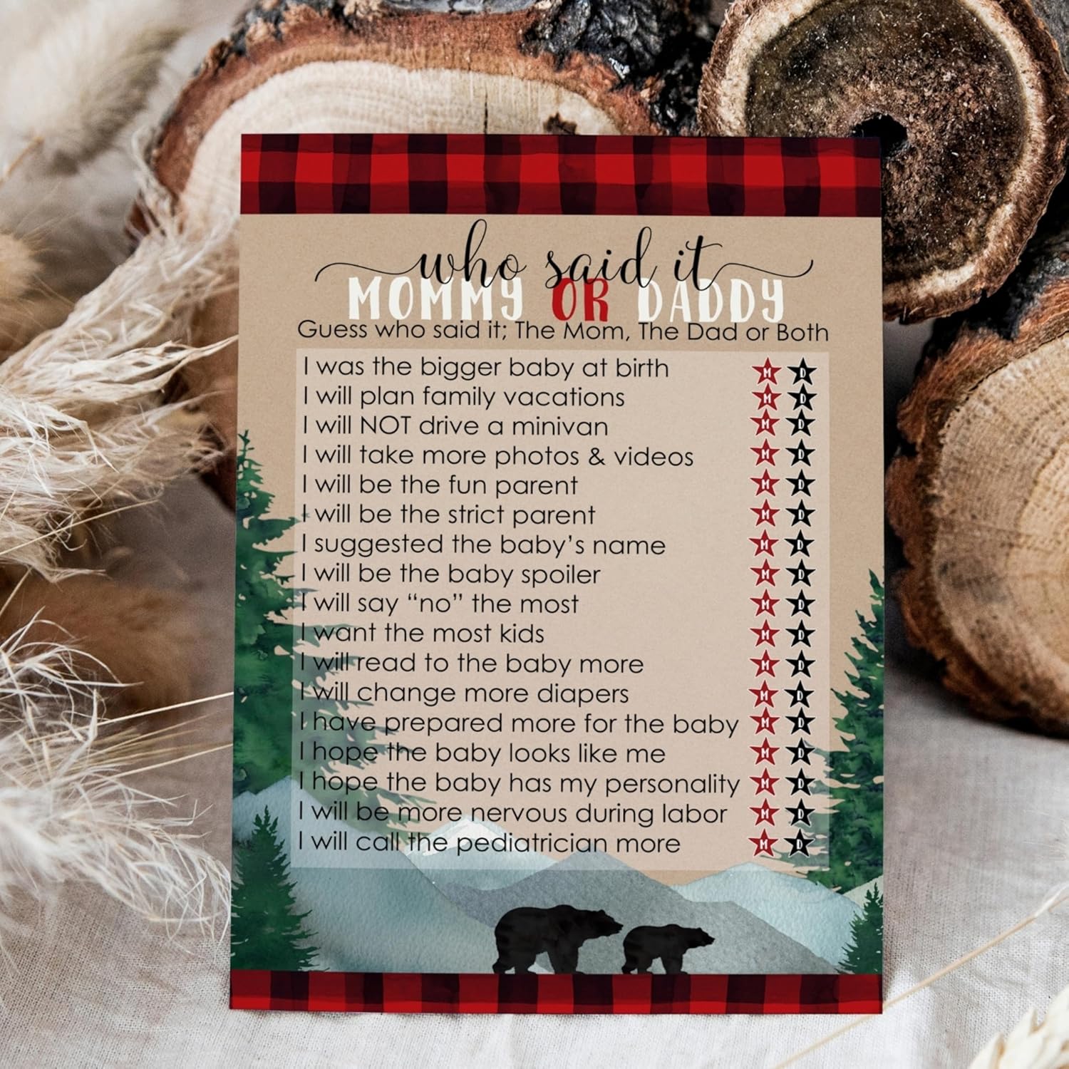 Mama Bear Baby Shower Games For Boys - 25 Guess Who Mommy Or Daddy Game Cards - Fun Guessing Activities With Prizes - Lumberjack Theme