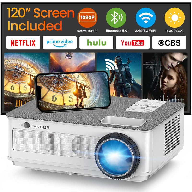 5G WiFi Bluetooth Projector - 1080P, 16000L, 450 ANSI, 300" 4K Support